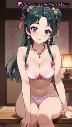 1girls ai_generated anime anime_style bangs bare_arms bare_shoulders blue_eyes blush bow bow_bra bow_panties bra breasts bust busty cleavage closed_mouth collarbone double_bun earrings eyeshadow feet_out_of_frame female female_focus female_only green_hair hair_bun hair_ornament hair_ribbon hentai indoors jewelry kusuriya_no_hitorigoto lamp large_breasts long_hair looking_at_viewer makeup maomao_(kusuriya_no_hitorigoto) medium_breasts natsuyoru navel necklace panties parted_bangs pink_bow pink_bra pink_panties ribbon sitting smile solo solo_female stomach tassel thighs underwear underwear_only voluptuous voluptuous_female