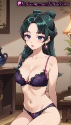 1girls ai_generated anime anime_style arms_behind_back bangs bare_shoulders blue_eyes blush bow bow_panties bra braid breasts bust busty cleavage closed_mouth collarbone earrings eyeshadow female female_focus female_only freckles green_hair hair_ornament hair_over_shoulder hentai indoors jewelry kusuriya_no_hitorigoto lace-trimmed_bra lipstick long_hair looking_at_viewer makeup maomao_(kusuriya_no_hitorigoto) medium_breasts mole mole_on_breast natsuyoru navel panties parted_bangs parted_lips pink_lips purple_bra purple_panties sitting solo solo_female stomach thighs underwear underwear_only voluptuous voluptuous_female