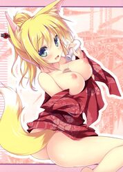 :d absurdres alcohol animal_ears blonde_hair blue_eyes bottomless breasts breasts_out bust_cup cute_fang dog_days female fox_ears fox_tail japanese_clothes kimono large_breasts nipples no_bra no_panties open_mouth sake sitting smile solo tail tateha_(artist) tateha_(marvelous_grace) wariza yukikaze_panettone