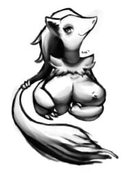 2019 anthro big_breasts breasts bust_portrait covering_nipples eyelashes female fur generation_5_pokemon hair hand_under_breast holding_breast jubb looking_at_viewer monochrome nintendo nipples pokemon pokemon_(species) ponytail portrait signature smile smiling_at_viewer smirk smirking_at_viewer solo zoroark