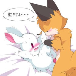 anal anal_sex anus bed blush canine cute female fox interspecies japanese_text konzaburou lagomorph male mammal penetration penis pussy rabbit straight text