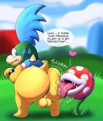 2024 absurd_res anthro ass balls big_butt bodily_fluids bracelet butt_lick butt_squish dialogue dripping drooling duo elemental_creature flora_fauna genitals grass_field heart_symbol hi_res huge_butt jewelry koopa koopaling larry_koopa licking looking_back male mario_bros nintendo onomatopoeia outside piranha_plant plant saliva saliva_drip saliva_on_butt saliva_on_tongue scalie shell sound_effects spiked_bracelet spikes squish sweat sweatdrop tepigfan101 text tongue