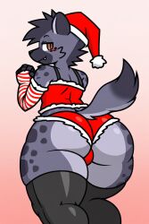 ai_generated anthro ass_focus blush christmas christmas_outfit femboy furry hyena thick_ass thighhighs viewed_from_behind