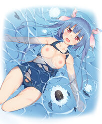 accidental_exposure afloat blue_hair blush breasts female floating hair_ribbon i-19_(kantai_collection) kantai_collection long_hair lying medium_breasts nipples on_back open_mouth red_eyes ribbon school_swimsuit solo swimsuit tachimi_(basue) tied_hair torn_clothes twintails wardrobe_malfunction water