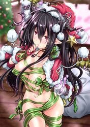 antenna_hair bandage bandaged_arm bauble black_hair blush breasts christmas christmas_tree cleavage cowboy_shot crescent danua_(granblue_fantasy) doll doraf erect_nipples female fingerless_gloves fur_trim gloves glowing glowing_eyes granblue_fantasy green_ribbons gretel_(granblue_fantasy) hair_between_eyes hansel_(granblue_fantasy) hat holding horn_ornament horns indoors jewelry kimura_neito large_breasts long_hair looking_at_viewer naked_ribbon navel necklace pointy_ears pom_pom_(clothes) red_eyes red_gloves red_hat ribbon sack santa_costume santa_hat solo star thumb_sucking wooden_floor