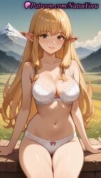 1girls ai_generated anime anime_style bangs bare_arms bare_shoulders blonde_hair blush bow bow_bra bow_panties bra breasts brown_eyes bust busty cleavage closed_mouth collarbone day elf female female_focus female_only frieren_beyond_journey's_end hair_tubes hentai lace-trimmed_bra lace_trim large_breasts lips long_hair looking_at_viewer mountain mountainous_horizon natsuyoru navel outdoors panties parted_lips pointy_ears serie_(sousou_no_frieren) sidelocks sitting sky smile solo solo_female sousou_no_frieren stomach thigh_gap thighs underwear underwear_only voluptuous voluptuous_female white_bra white_panties