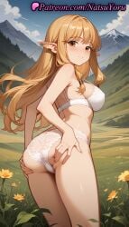 1girls ai_generated anime anime_style ass ass_grab ass_support bangs bare_arms bare_shoulders blonde_hair blue_sky blush bra breasts brown_eyes brown_hair bust busty closed_mouth cloud day ear_piercing elf female female_focus female_only flower frieren_beyond_journey's_end from_behind grabbing_own_ass grass hands_on_own_ass hentai juicy_butt lace-trimmed_panties lace_trim large_breasts lingerie long_hair looking_at_viewer looking_back medium_breasts mountain mountainous_horizon natsuyoru outdoors panties parted_lips piercing pointy_ears serie_(sousou_no_frieren) sideboob sidelocks sky smile solo solo_female sousou_no_frieren spread_ass standing strap_gap thighs underwear underwear_only voluptuous voluptuous_female white_bra white_panties yellow_flower