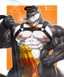 1boy bara blitzkriegotter bulge cat_ears cat_tail cigarette cigarette_in_mouth cigarette_smoke collar dominant_male domination first_person_view furry furry_only johnthelewd johnthelewd_art looking_at_viewer male male_only muscles muscular muscular_anthro muscular_arms muscular_legs muscular_male nipples orange_eyes orange_hair pecs pectorals pierced_nipples piercing sharp_teeth smile smiling smiling_at_viewer smoke smoking solo solo_focus solo_male