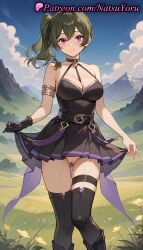 1girls ai_generated anime anime_style arm_strap armlet ass_visible_through_thighs bangs bare_shoulders belt between_breasts black_belt black_choker black_dress black_footwear black_gloves black_skirt black_thighhighs blue_sky boots breasts buckle bust busty choker cleavage cleft_of_venus closed_mouth clothes_lift cloud day dress dress_lift feet_out_of_frame female female_focus female_only flower frieren_beyond_journey's_end gloves grass green_hair hair_between_eyes halter_dress halterneck hentai large_breasts lifted_by_self long_hair looking_at_viewer medium_breasts mountain mountainous_horizon natsuyoru no_panties o-ring outdoors pleated_dress pleated_skirt purple_eyes pussy short_dress side_ponytail single_glove skindentation skirt sky sleeveless sleeveless_dress smile solo solo_female sousou_no_frieren standing thigh_gap thigh_strap thighhighs thighlet thighs ubel_(sousou_no_frieren) uncensored voluptuous voluptuous_female yellow_flower