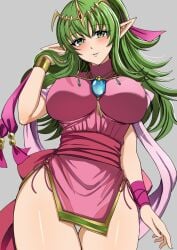 1girl elf_ears fire_emblem fire_emblem_awakening fully_clothed gold_jewelry goma_tarata green_eyes green_hair large_breasts necklace nipple_bulge tiara tiki_(adult)_(fire_emblem) tiki_(fire_emblem)