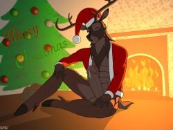 abs anthro antlers balls bambi_(film) bodily_fluids brown_body christmas christmas_clothing christmas_headwear christmas_tree clothed clothing deer digital_media_(artwork) disney dustin_c erection fireplace fur genital_fluids genitals hair hat headgear headwear hi_res holidays horn humanoid_genitalia humanoid_penis looking_at_viewer male mammal mule_deer muscular muscular_anthro muscular_male new_world_deer nude one_eye_closed penis plant santa_hat simple_background smile solo tail the_great_prince_of_the_forest tree wink winking_at_viewer