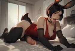 ada_wong ai_generated anthro anthrofied ejaculation futanari rabbit_ears rabbit_girl rabbit_humanoid rabbit_tail samanneb transformation