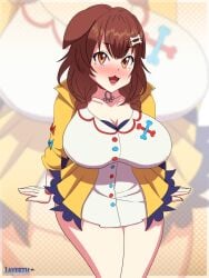 1girls :3 animal_ears big_breasts blush braid breasts brown_eyes brown_hair cleavage collar dog_ears dog_girl female hairclip highres hololive hololive_gamers hololive_japan huge_breasts inugami_korone layerth light-skinned_female light_skin looking_at_viewer open_mouth shirt smile solo thick_thighs thighs twin_braids virtual_youtuber voluptuous watermark