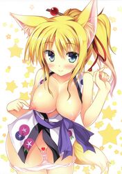 absurdres animal_ears blonde_hair blue_eyes blush bra bra_lift breasts closed_mouth female fox_ears fox_tail large_breasts long_hair looking_at_viewer nipples open_clothes open_shirt original panties pink_bra pink_panties puffy_nipples purple_bra purple_panties scan shiny shiny_skin shirt sitting skirt skirt_around_one_leg skirt_pull smile solo tail tateha_(artist) tateha_(marvelous_grace) unbuttoned underwear