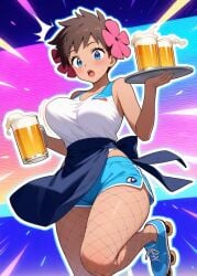 ai_generated alcohol apron bangs bare_arms bare_shoulders beer beer_mug blue_eyes blue_shorts blush bottle bouncing_breasts breasts brown_hair cleavage clothing cup dark-skinned_female dark_skin denim denim_shorts drink drinking_glass eyelashes female female_only fishnet_legwear fishnets flower footwear hair_flower hair_ornament holding holding_cup holding_tray large_breasts legwear looking_at_viewer mug open-mouth_smile open_mouth phoebe_(pokemon) pokemon pokemon_(game) pokemon_character roller_skates shirt shoes short_hair short_shorts shorts skates skirt sleeveless smile solo standing surprised sweatdrop tank_top thighs tray white_shirt