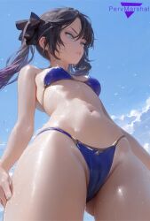 1girls ai_generated beach bikini blue_eyes braided_ponytail cameltoe female female_only from_below front_view genshin_impact marshalperv mona_(genshin_impact) pervmarshal shiny shiny_skin small_breasts solo solo_female solo_focus tagme tagme_(artist) thick_thighs thin_waist wet_skin