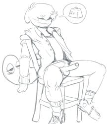 1boy bottomless chair clothed clothing erection legwear male male_only monochrome nintendo open_clothes open_shirt penis pokemon pokemorph pubic_hair reclining shirt sitting sketch sneakers socks solo speech_bubble spread_legs spreading testicles text uncut video_games wobbuffet yopo