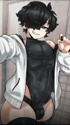 black_hair erection_under_clothes femboy large_penis male male_focus male_only short_hair tagme tagme_(artist)