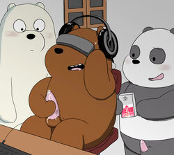 balls bear blush brown_fur cartoon_network censored desk erection feral fur grizzly_(character) grizzly_bear headphones ice_bear inside japanese_text male male_only mammal open_mouth panda_(character) penis phone polar_bear precum sweat tapering_penis text virtual_reality we_bare_bears white_fur window すべ