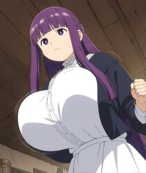 ai_generated blush bouncing_breasts embarrassed fern_(sousou_no_frieren) gigantic_breasts huge_breasts light-skinned_female light_skin long_hair massive_breasts miyatanaka77 purple_eyes purple_hair solo_female sousou_no_frieren squatting sweat sweatdrop thick_body thick_female voluptuous voluptuous_female