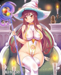 bare_shoulders blush breasts brown_hair candle candlestand cleavage erect_nipples female fingerless_gloves gloves hat highleg highleg_leotard impossible_clothes kawase_seiki large_breasts leotard long_hair looking_at_viewer navel navel_cutout official_art original red_eyes sitting skin_tight smile solo staff thighhighs thighs very_long_hair white_gloves white_legwear witch_hat