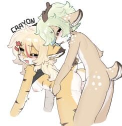 anthro anthro_on_anthro anthro_penetrated anthro_penetrating anthro_penetrating_anthro antlers bent_over blonde_hair breasts brown_body brown_fur closed_eyes crayon_(artist) cygames deer duo felid female female_penetrated fur green_hair hair hi_res highlights_(coloring) horn kemono male male/female male_penetrating male_penetrating_female mammal mia_(world_flipper) nipples one_eye_closed orange_body orange_fur pantherine penetration sex short_tail simple_background tail tiger world_flipper