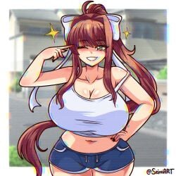 1girls artist_name beauty_mark big_breasts border breasts brown_hair casual cleavage clothed_female doki_doki_literature_club glitch_effect huge_breasts light-skinned_female mole_under_eye monika_(doki_doki_literature_club) one_eye_closed ponytail seireiart shorts smile solo solo_female thick_thighs thighs watermark white_tank_top