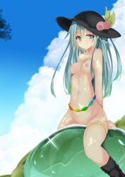 aqua_eyes bangs black_legwear blue_hair blue_sky breasts closed_mouth cloud cloudy_sky dappled_sunlight eyebrows female food fruit gradient_hair green_hair hat long_hair looking_at_viewer medium_breasts mikagemaru_(mikage000) multicolored_hair navel nipples nude outdoors peach_(fruit) pussy sitting sky smile solo sunlight tenshi_hinanawi touhou uncensored wet