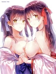 2girls absurdres artist_name bare_shoulders blush breast_press breasts breasts_out brown_hair cleavage collarbone female from_side hair_ribbon hair_tubes hakama hand_holding hiten_(hitenkei) interlocked_fingers japanese_clothes large_breasts long_hair looking_at_viewer looking_back medium_breasts miko multiple_girls neck nipples off_shoulder one_side_up purple_hair purple_ribbon red_ribbon ribbon ribbon-trimmed_sleeves ribbon_trim shiny shiny_hair shiny_skin shy sideboob simple_background single_sidelock smile symmetrical_docking white_background yellow_eyes yuri