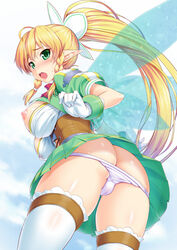 alfheim_online ass blonde_hair blush braid breasts corset elf fairy fairy_wings female gloves green_eyes hair_ribbon kawase_seiki large_breasts leafa long_hair looking_back nipples open_mouth panties pantyshot pointy_ears ponytail puffy_short_sleeves puffy_sleeves ribbon short_sleeves simple_background skirt solo sword_art_online sword_art_online:_fairy_dance sylph thighhighs tied_hair twin_braids underwear upskirt very_long_hair white_gloves white_legwear white_panties wings