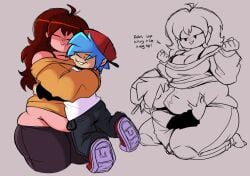 auburn_hair belly_bulge belly_grab boyfriend_(friday_night_funkin) chubby_belly chubby_female fat_belly female friday_night_funkin girlfriend_(friday_night_funkin) hugging_partner larger_female slobber thick_thighs