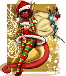 anthro armwear balls black_hair bottomless christmas clothed clothing collar cute dragon dress footwear garter_straps girly hair hat high_heels holidays invalid_tag legwear lioness.creations.inc looking_at_viewer male nico_vera penis plushie red_eyes red_scales sack santa_hat scales shoes simple_background smile solo thigh_highs yellow_balls yellow_scales