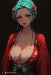 ai_generated aqua_hair big_breasts blue_eyes boycroco619 female female_only kimono kozuki_hiyori one_piece wano_country