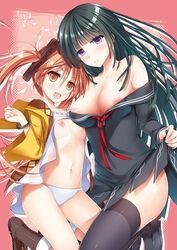 2girls 3: :d aihara_enju black_bullet black_eyes blush boots bracelet breasts brown_eyes brown_hair comic flat_chest green_hair hair_ornament hime_cut jewelry large_breasts loafers long_hair multiple_girls navel nipples open_mouth panties red_hair school_uniform serafuku shirt_pull shoes skirt skirt_lift small_breasts smile sousouman tendou_kisara thighhighs tied_hair twintails underwear white_panties