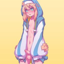 1girls androgyne_symbol aqua_eyes blonde_hair blue_eyes blue_jacket blush bridget cowboy_shot cross dickgirl drawstring english_commentary erection femboy foreskin girlcock girldick guilty_gear guilty_gear_strive hej_510 highres hood hooded_jacket hoodie jacket leaking_penis leaking_precum long_sleeves looking_at_viewer medium_hair naked_jacket navel open_mouth penis precum puffy_long_sleeves puffy_sleeves simple_background small_penis solo solo_dickgirl sweatdrop testicles trans trans_(lore) trans_woman trans_woman_(lore) transfem transgender transgender_woman transwoman yellow_background
