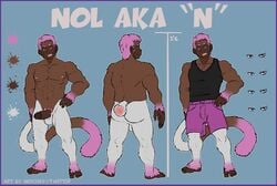 1boy abs anthro ass athletic backsack balls border clothed clothing color_swatch erection flat_colors grin hair hand_on_hip humanoid_penis male male_only mammal model_sheet monkey multiple_angles nipples nokemy nude pecs penis pink_hair primate pubes rear_view shirt shorts signature solo tank_top