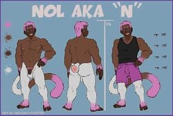 1boy abs anthro ass athletic backsack balls border clothed clothing color_swatch flaccid flat_colors grin hair hand_on_hip male male_only mammal model_sheet monkey multiple_angles navel nipples nokemy nude pecs penis pink_hair primate pubes rear_view shirt shorts signature solo tank_top uncut