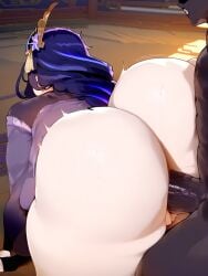 1girls ai_generated big_ass big_breasts big_penis curvy dark-skinned_male fat_ass genshin_impact huge_ass huge_cock penetration raiden_shogun vaginal_penetration