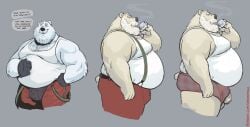 anthro ball_slip bear beard belly big_belly body_hair chest_hair christmas clothing dramamine drinking facial_hair fur genitals gloves handwear hi_res holidays male mammal mature_male moobs musclegut muscular obese obese_anthro obese_male overweight overweight_anthro overweight_male penis penis_poking_out polar_bear santa_claus shirt simple_background solo speech_bubble suspenders tank_top topwear ursine white_body white_fur