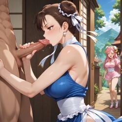 1boy 1girls ai_generated blush breasts brown_eyes brown_hair bun_cover china_dress chinese_clothes chun-li closed_eyes clothed_female_nude_male day double_bun dress earrings erection fellatio fortnite frills indoors jewelry large_breasts maid_headdress male_pubic_hair multiple_girls nude open_mouth oral penis pink_hair pubic_hair side_slit sideboob standing straight testicles tongue tongue_out tree uncensored waist_apron white_legwear window