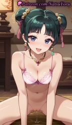 1girls :d ai_generated all_fours anime anime_style ass_visible_through_thighs bangs bare_arms bare_shoulders blue_eyes blush bottomless bow bow_bra bra breasts bust busty cleavage collarbone covered_nipples double_bun earrings eyeshadow female female_focus female_only green_hair hair_bun hair_ornament hair_ribbon hentai indoors jewelry kneeling kusuriya_no_hitorigoto looking_at_viewer makeup maomao_(kusuriya_no_hitorigoto) medium_breasts natsuyoru navel necklace open_mouth pink_bra pink_ribbon pussy pussy_juice pussy_juice_puddle pussy_juice_trail ribbon short_hair smile solo solo_female spread_legs squatting stomach tassel tassel_earrings tassel_hair_ornament tongue uncensored underwear underwear_only voluptuous voluptuous_female wooden_floor