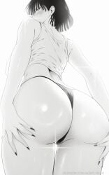 1girls ass ass_focus ass_support big_ass black_and_white blush bottomwear dat_ass female female_only fubuki_(one-punch_man) hair hands_on_ass huge_ass looking_back monochrome mostlybluewyatt nail_polish nails one-punch_man short_hair solo solo_female sparkles tank_top thighs thong topwear