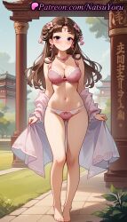 1girls ai_generated anime anime_style architecture ass_visible_through_thighs bangs bare_legs bare_shoulders barefoot blush bow_bra bow_panties bra breasts brown_hair bust busty cleavage closed_mouth collarbone day earrings feet female female_focus female_only flower flower_earrings foot_fetish full_body grass hair_bun hair_flower hair_ornament hair_rings heart hentai jewelry kusuriya_no_hitorigoto large_breasts legs lishu_(kusuriya_no_hitorigoto) long_hair looking_at_viewer medium_breasts nail_polish natsuyoru navel necklace off_shoulder open_clothes outdoors panties parted_bangs pigeon-toed pink_bra pink_flower pink_panties purple_eyes robe sky smile solo solo_female standing stomach string_bra thigh_gap thighs toenail_polish toenails toes torii tree underwear underwear_only undressing voluptuous voluptuous_female