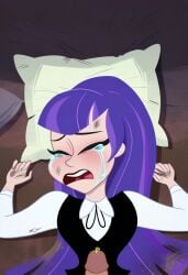 ai_generated blunt_bangs clothing crying dc dc_comics dc_super_hero_girls defeated looking_away lying peeing peeing penis pillow purple_hair rape sex urine zatanna zee_zatara