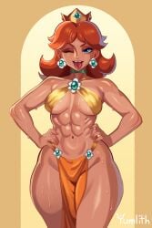 1girls abs belly_button big_breasts blue_eyes breasts brown_hair cleavage crown ear_piercing earrings female female_only flower_earrings hair hands_on_hips headwear hips long_hair mario_(series) muscles neckwear nintendo one_eye_closed pelvic_curtain princess_daisy solo solo_female sweat sweatdrop thick_thighs thighs tongue tongue_out wide_hips wink winking yumlith