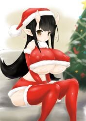 1girls bea_(adfhbcf4326) black_hair breasts brown_eyes christmas christmas_tree covered_nipples elbow_gloves gloves hat heart horns huge_breasts long_hair midriff oni oni_female oni_horns pointy_ears red_thighhighs santa_costume santa_hat shortstack sitting skirt smile solo thighhighs underboob