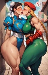 ai_generated blonde_hair blush brown_hair cammy_white cammy_white_(fortnite) chun-li chun-li_(fortnite) cum female heart joetest kissing lesbian_kiss making_out street street_fighter sweat torn_clothes yuri