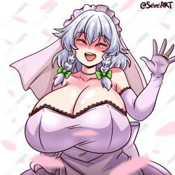 1girls artist_name big_breasts braids breasts bride cleavage closed_eyes clothed_female grey_hair huge_breasts light-skinned_female maid maid_headdress sakuya_izayoi seireiart silver_hair solo solo_female tears tears_of_joy touhou watermark wedding_dress white_background