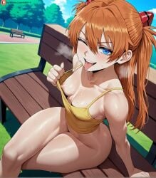 ai_generated asuka_langley asuka_langley_sohryu bangs blue_eyes breasts brown_hair female long_hair looking_at_viewer medium_breasts nature navel neon_genesis_evangelion outdoor_nudity outdoors thighs toned