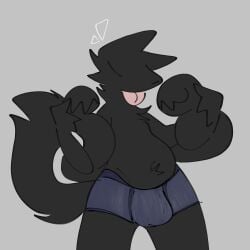 1:1 2024 3_mouths 3_tails anthro belly black_body black_fur black_nose blep boxer_briefs boxer_briefs_only bulge canid canine chest_tuft closed_eyes clothed clothing crispycreamxd detailed_bulge digital_media_(artwork) featureless_chest fingers flat_colors fur grey_background hi_res living_tail male mammal multi_mouth multi_tail pink_tongue portrait purple_boxer_briefs purple_clothing purple_underwear simple_background slightly_chubby snout solo standing tail tail_mouth three-quarter_portrait three-quarter_view tongue tongue_out topless tuft underwear underwear_only unusual_anatomy unusual_tail wide_hips